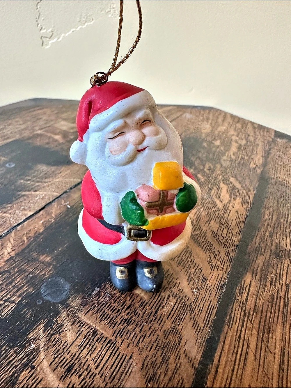 Vintage Bisque Porcelain Santa Claus Christmas Ornament, Jolly Santa Holding Gif